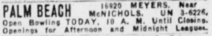Palm Beach Lanes - 1945 Ad From Detroit Evening Times